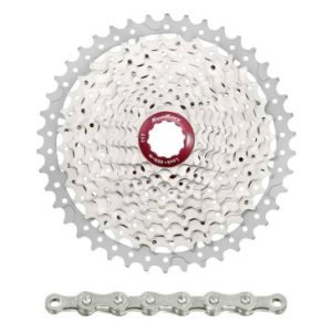 Cassette et Chaine (Pack) 11v. Sunrace Ms8 11-46 VTT pour Shimano Metallic Argent et Chaine Cn11a 126 Maillons (Livre En Boite) (11-13-15-18-21-24-28-32-36-40-46) (2 Blocs + Pignons)