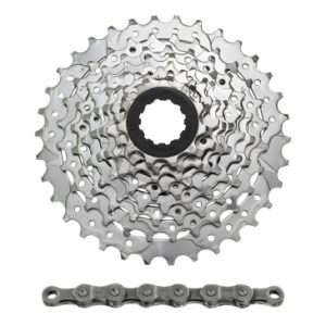 Cassette et Chaine (Pack) 9v. Sunrace M96 11-34 VTT pour Shimano Nickel avec Chaine Cnm94 116 Maillons(Livre En Boite) (11-12-14-16-18-21-24-28-34)