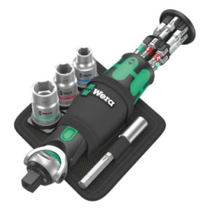 Cliquet Wera 8009 Zyklop Tete Orientable Combinee Douille 3/8 et Tournevis 1/4 (Avec Reserve D'embout Integree) Noir/vert (Set 18 Pieces) -marque Allemande pour Les Ateliers-