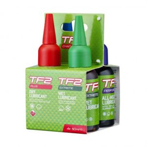 Kit/pack Lubrifiant Velo Weldtite Tf2 pour Chaine (4 Burettes de 50ml) - 1 pour Conditions Seches- 1 pour Conditions Humides - 1 pour Toutes Conditions - 1 pour Ultra Sec