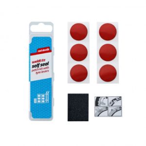 Kit Reparation Chambre à Air Weldtite Red Devils avec Rustines Autocollantes/autoadhesives Rouges - Boite (6 Rustines Autoadhesives 25mm + Papier Ponce) avec Notice