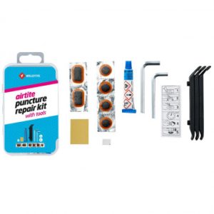 Kit Reparation Chambre à Air Weldtite VTT avec Outils - Boite (4 Patchs 18mm + 2 Patchs 28x18mm + Colle 5g + Papier Ponce + Craie + 3 Demontes Pneus + 2 Cles Allen 5 et 6 Mm) avec Notice