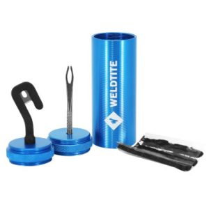 Kit Reparation Pneu Tubeless VTT Weldtite Par L'exterieur Dans Box (5 Meches + Lime + Aiguille + Cutter)