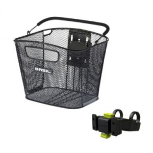 Panier Avant Acier Nid Abeille Basil Bold Noir (28x34x26 Cm) -vendu avec Fixation Klickfix Special VAE Vélo Electrique / E-bike Largeur 80mm Mini Compatible Leader Fox