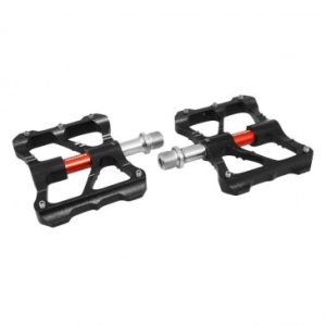 Pedale VTT Plateforme Descente / Bmx Gravity Noir Axe Rouge à Roulements Alu Cnc Filetage 9/16 avec Picots Argent (Paire)