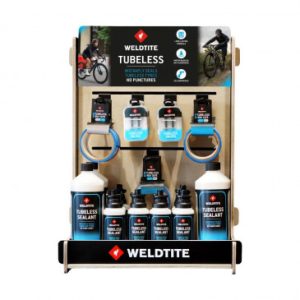 Presentoir Plv Weldtite Bois Tubeless Complet (4x 1l Preventif Tubeless - 8x 240ml Preventif Tubeless - 12 Kits de 2 Valves Tubeless - 7 Fond Jante Tubeless VTT - 4 Fond Jante Tubeless Route)