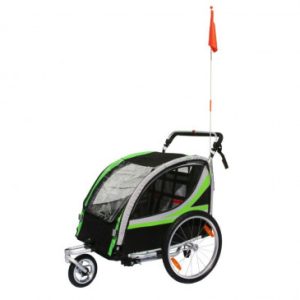 Remorque Velo Enfant - Poussette Couverte 2 Places en Alu Maxi 36kg Colori Vert avec Roues 20" -fixation Axe de Roue - Livre avec Roue Avant + Poignee Frein - Montage Rapide Sans Outil