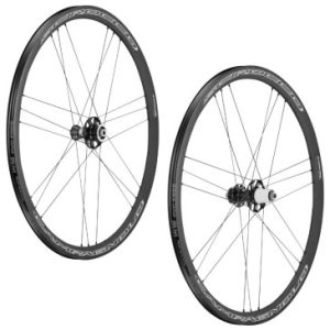 Roues Route Disque 700 Campagnolo Scirocco Tubeless Ready Centerlock Noir Cassette Campa 12/11/10v pour Axe Traversant et Blocage Rapide (Paire) 18/21 Rayons Jante 17c