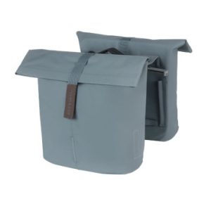 Sacoche Arriere Velo Double Basil Vegan Bleu Imitation Cuir 28/32l Fixation Porte Bagage Fermeture Pliant Anti-pluie avec Reflechissant Fixation Systeme Mik (Inclus)