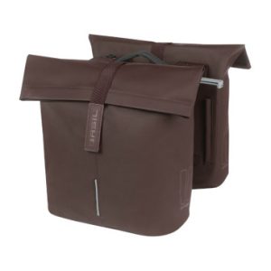 Sacoche Arriere Velo Double Basil Vegan Marron Imitation Cuir 28/32l Fixation Porte Bagage Fermeture Pliant Anti-pluie avec Reflechissant Fixation Systeme Mik (Inclus)