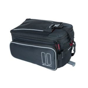 Sacoche Arriere Velo Trunkbag Basil Noir avec Soufflet Waterproof Extensible 7-12l Fixation Porte Bagage (L36x L26cmxh18cm) Fixation Systeme Mik (Inclus)