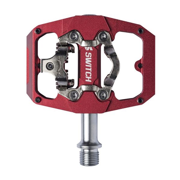 Pedale Vtt Plateforme Switch Crank Flip Double Fonction Alu Cnc Rouge Filetage 9-16 Avec Picots (Paire) (Cales Shimano Spd Inclus) 85X70Mm