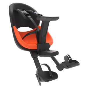Porte Bebe-Siege Enfant Avant Prodigee Icon A Fixer Sur Cadre Noir Coussin Orange Avec Serrure (Jusqu'A 15 Kg Max) (Homologue Ce En 14344)