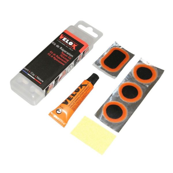 Kit Reparation Chambre a Air Velox VTT Renforce - Boite (8 Patchs 25mm + 2 Patchs 35X25mm + 1 Pacth 50X30mm + Colle 5G + Rape Acier) Avec Notice