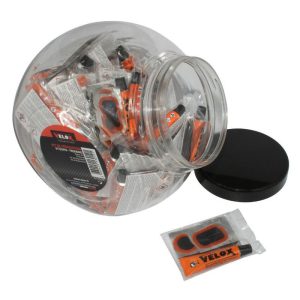 Kit Reparation Chambre a Air Velox City-VTC-VTT (6 Patch 25mm + 1 Patch 34X24mm + 1 Patch 50X30mm + Colle 5G + Rape Acier ) Avec Notice (Jarre de 50 Kits)