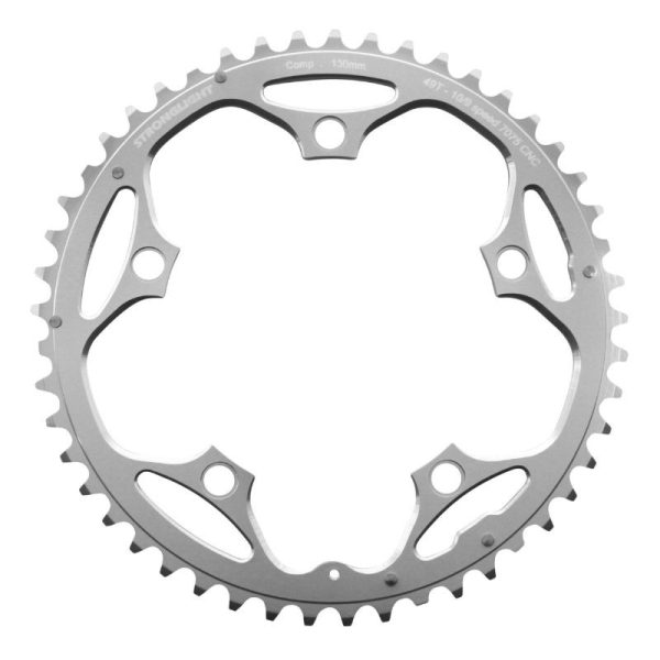 Plateau Route 5 Branches D.130 Stronglight 49 Dents Exterieur Argent Alu 7075 Type Shimano 9-10V.