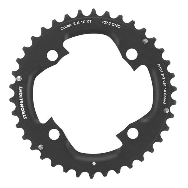 Plateau VTT 4 Branches D.104 Pour Shimano Xt M785 Stronglight Double 38 Dents Exterieur Noir (Pour Interieur 24-26 Dents) Non Filete - Epaisseur 5mm 10V.