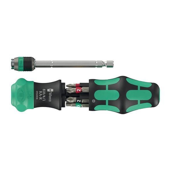 Tournevis Porte Embout Wera 818 20 Ra-R 1-4 Noir-Vert Avec Porte Embout Rapidaptor, Reserve D'Embout Integree (Fonction Cliquet, Lame Telescopique) -Marque Allemande Pour Les Ateliers-