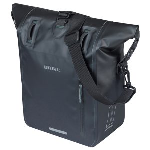 Sacoche Arriere Velo Laterale Basil Rivo Waterproof 12-15L Noir Fixation Mik Hooks Sur Porte Bagage (38X14X25Cm) Avec Poignee Et Bandouillere Fermeture Enroulement