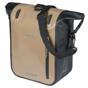 Sacoche Arriere Velo Laterale Basil Rivo Waterproof 12-15L Sable - Noir Fixation Mik Hooks Sur Porte Bagage (38X14X25Cm) Avec Poignee Et Bandouillere Fermeture Enroulement