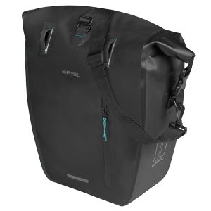Sacoche Arriere Velo Laterale Basil Rivo Waterproof 25-31L Noir Fixation Mik Hooks Sur Porte Bagage (43X14X28Cm) Avec Poignee Et Bandouillere Fermeture Enroulement